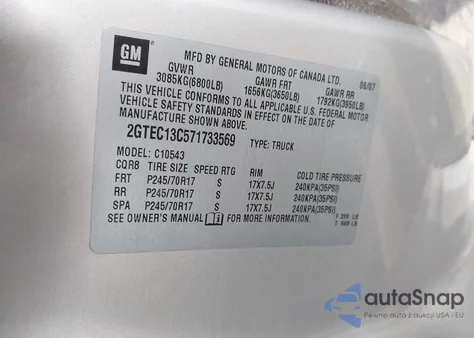 2007 GMC Sierra 1500 Sl z USA, uszkodzony, nr VIN 2GTEC13C571733569